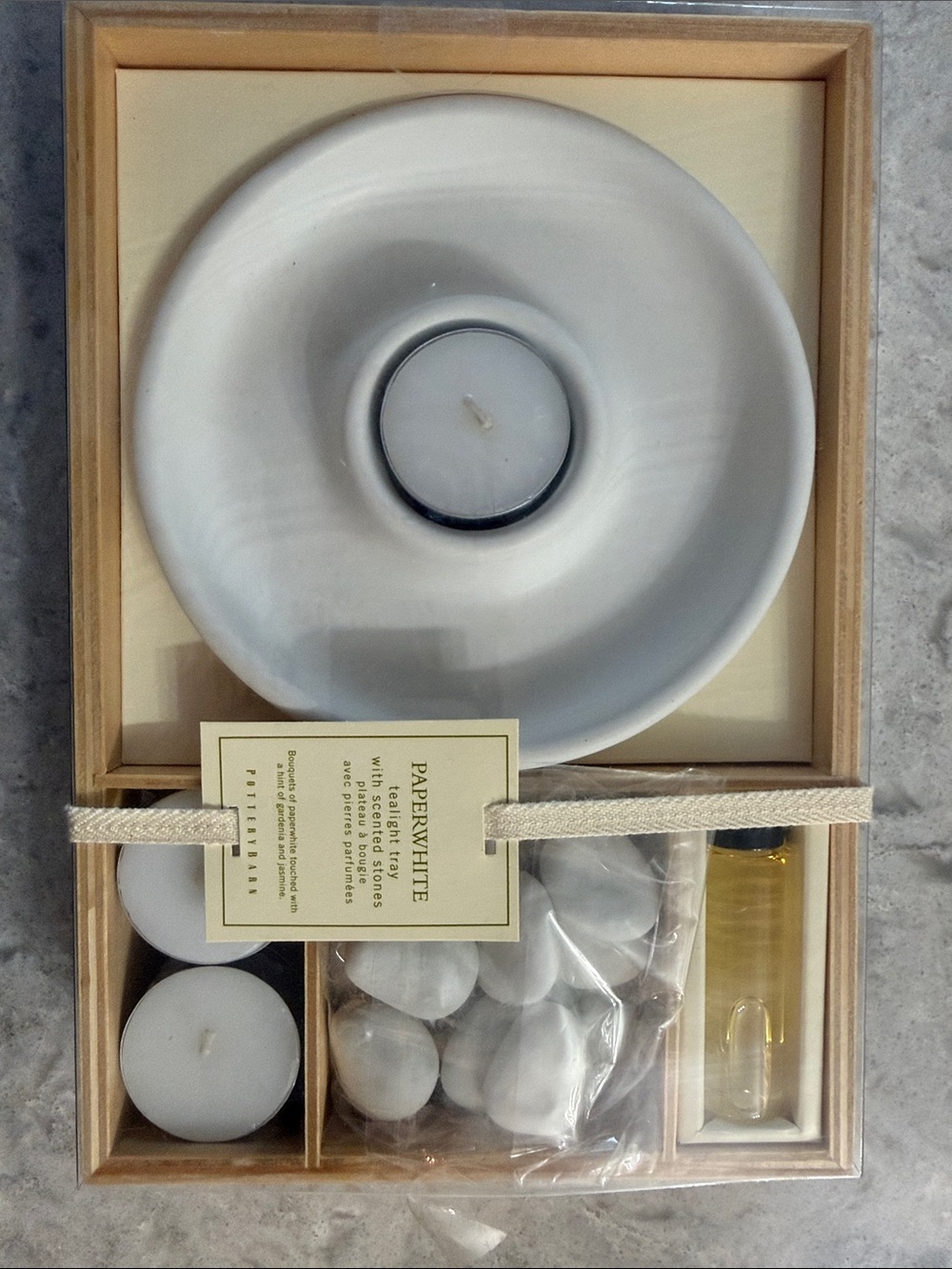 Pottery Barn Paperwhite Tealight Tray and Scented Stones NIB